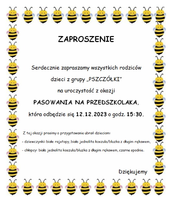 Zaproszenie - Pasowanie na Przedszkolaka "Pszczółki" - Obrazek 1