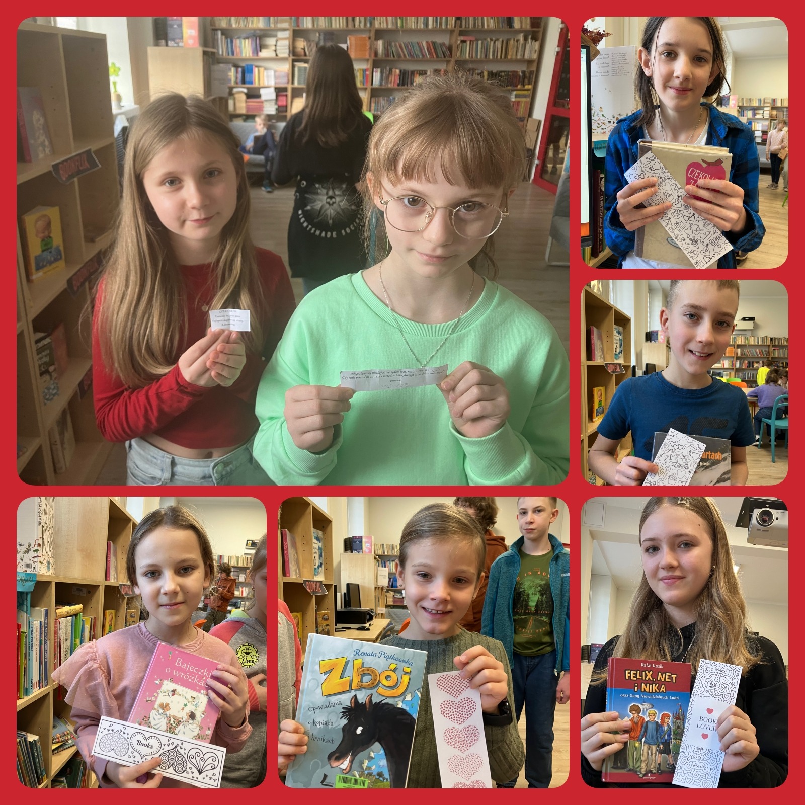 Uczniowie SP5 podczas akcji Walentynki w bibliotece z cytatami, zakładkami walentynkowymi i książkami z randki z książką.