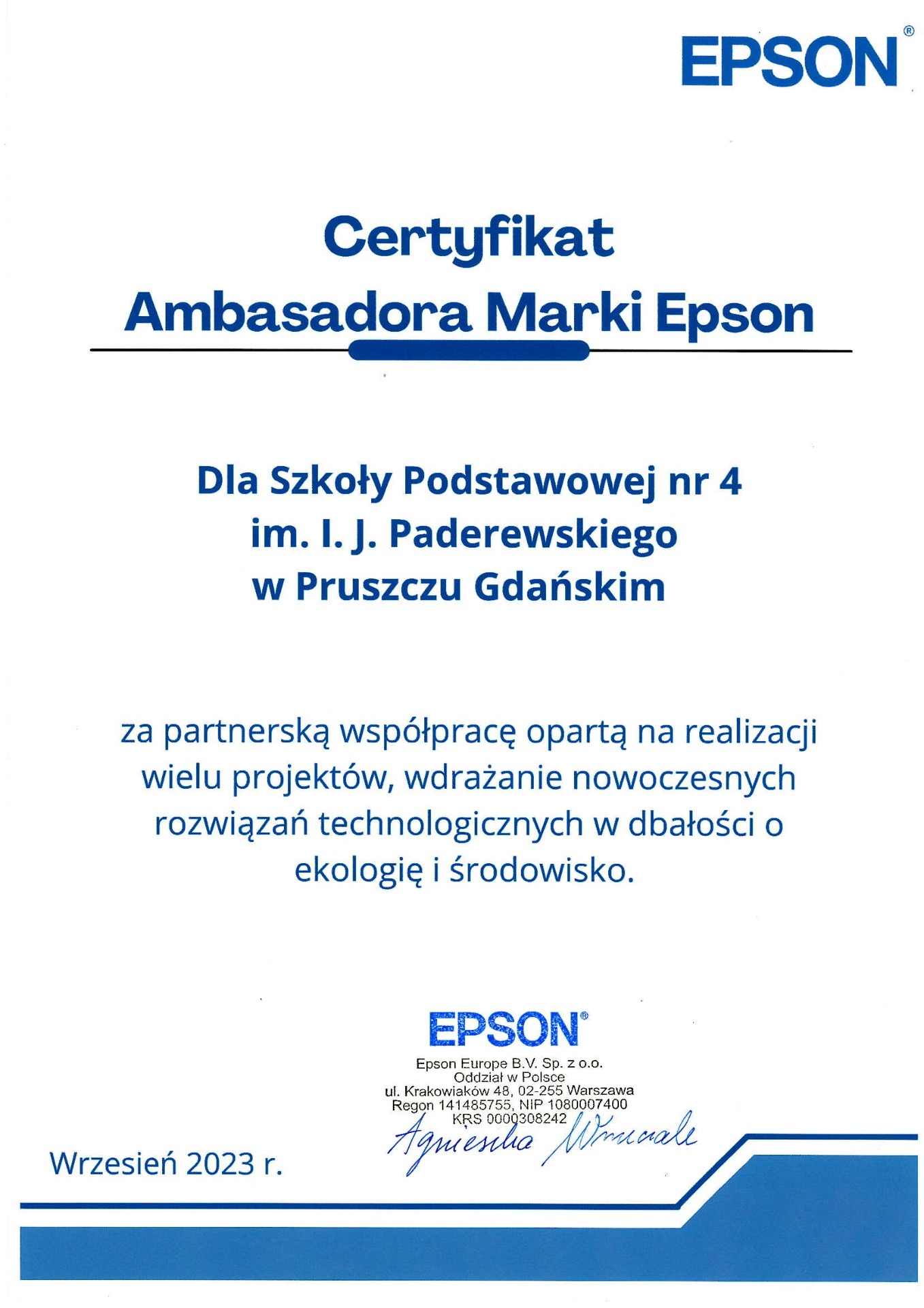 Certyfikat dla SP4 od Epson - Obrazek 1