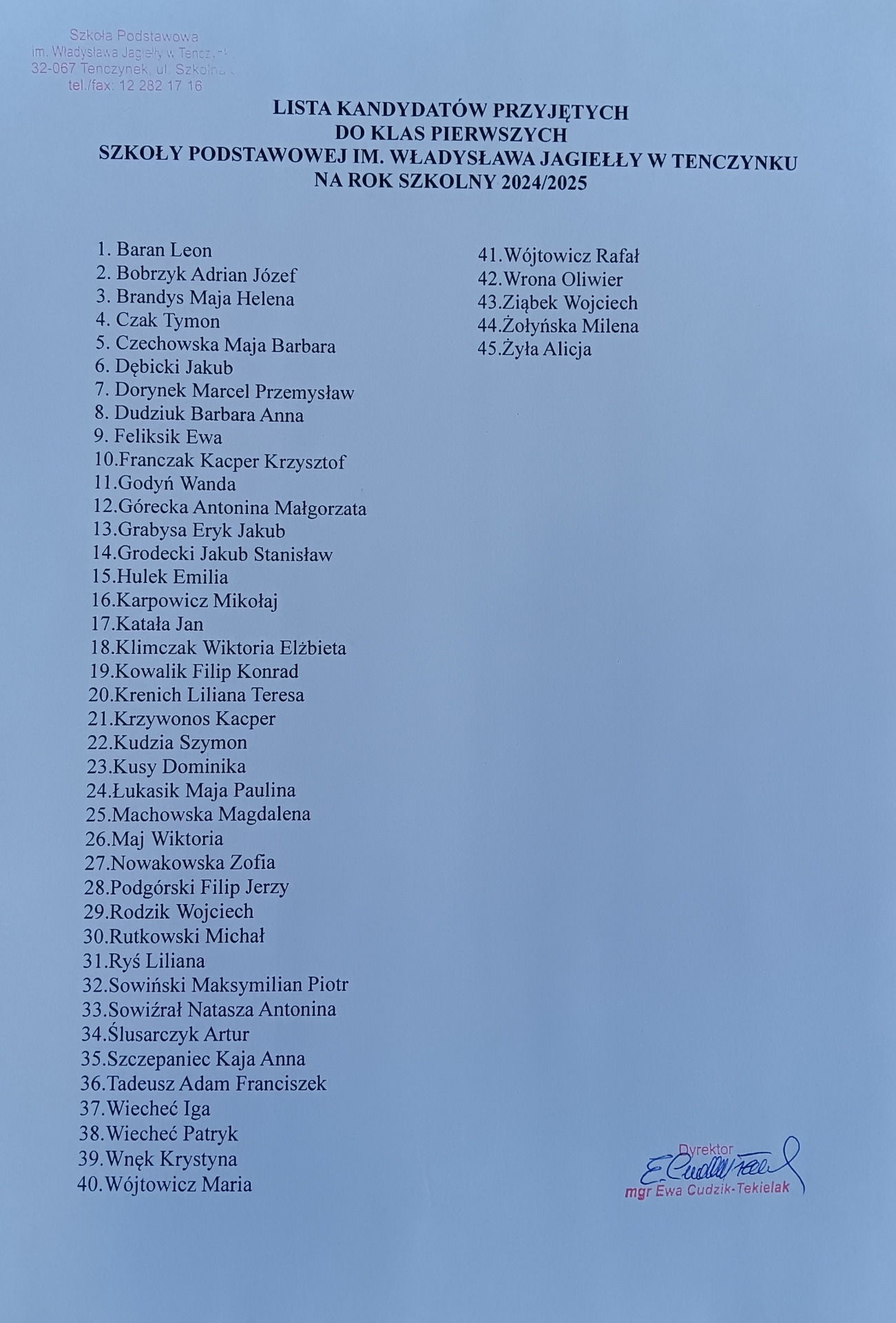 Lista kandydatów przyjętych do klas pierwszych na rok szkolny 2024/2025 - Obrazek 1