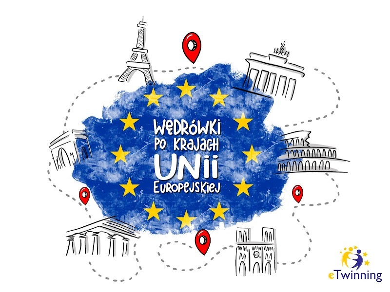 Logo projektu Wędrówki po krajach Unii Europejskiej. W środku niebieskie tło z napisem, wokół którego po kole są gwiazdki. Na zewnątrz grafika wybranych charakterystycznych miejsc  z wybranych  państw europejskich. 