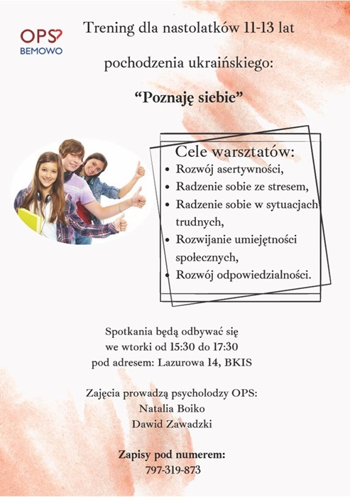 Plakat informujący o treningu psychologicznym dla nastolatków z Ukrainy jako link graficzny do pełnej informacji.