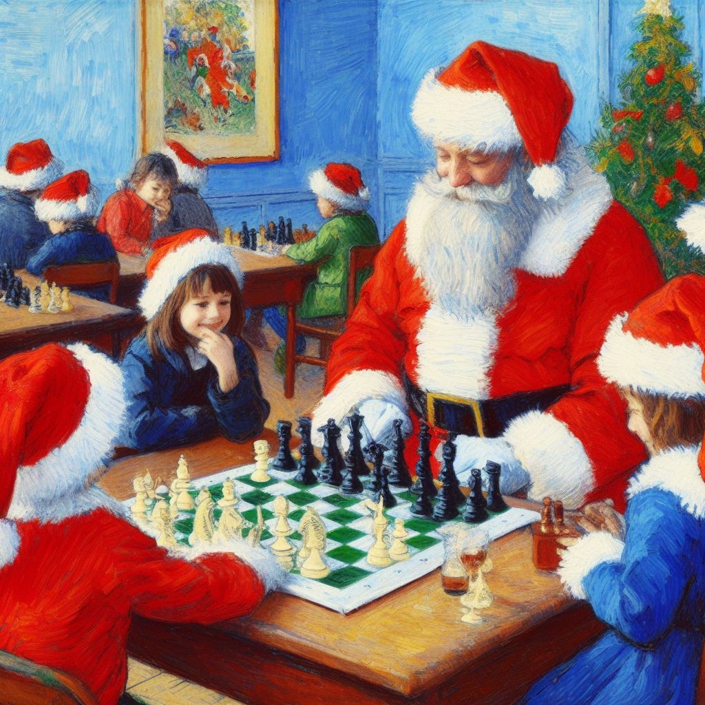 Mikołaj gra z dziećmi w szachy, obraz w stylu impresjonistycznym by AI