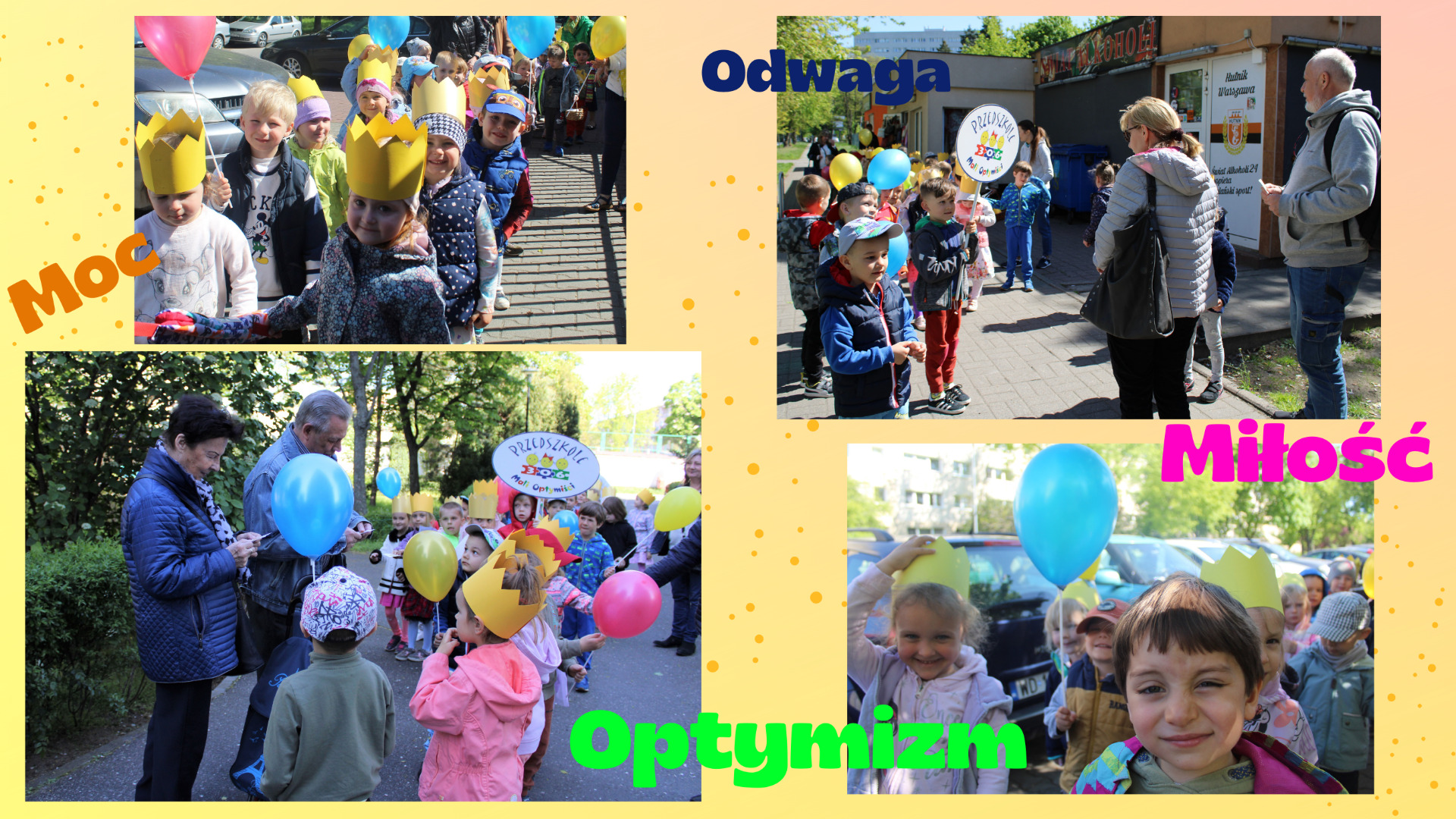 Kolaż zdjęć przedstawiający dzieci na kolorowym marszu z okazji Ogólnopolskiego Święta Optymizmu. Dzieci rozdają przechodniom wizytówki z pozytywnym przesłaniem.