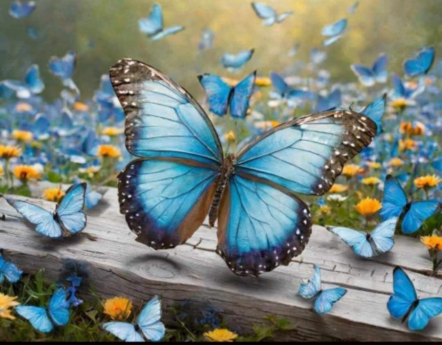 obrazek z niebieskimi motylami