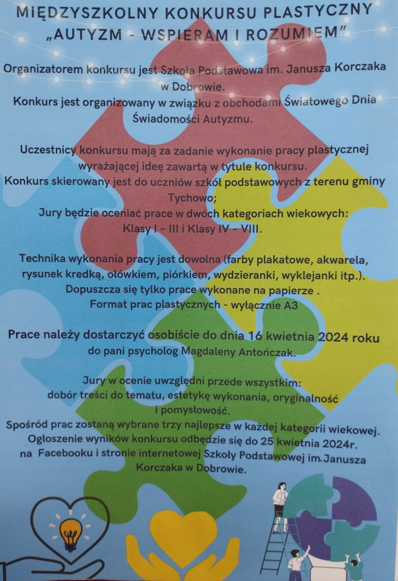 Plakat informujący uczniów o konkursie plastycznym  AUTYZM-WSPIERAM I ROZUMIEM