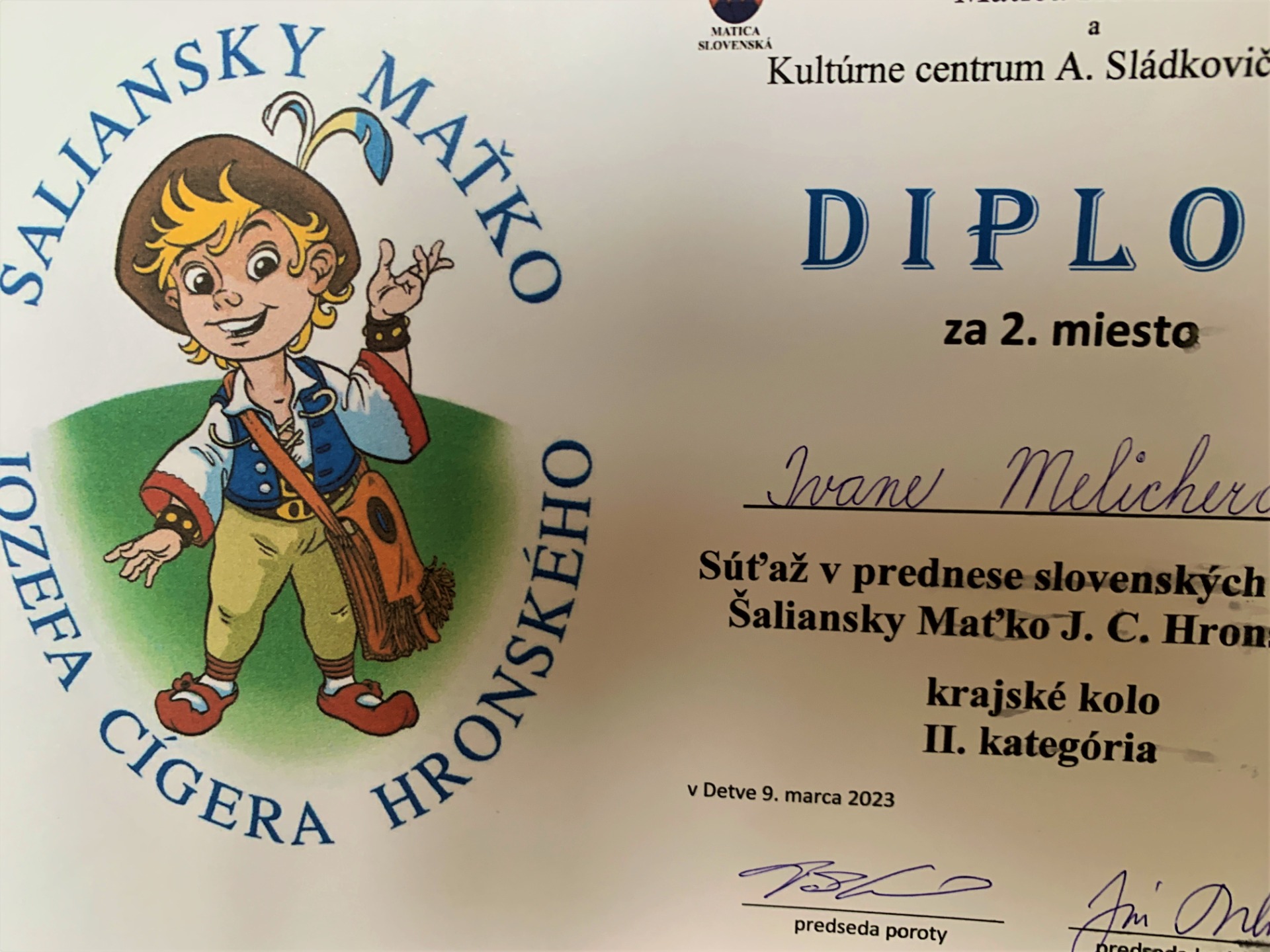 Ivanka Melicherčíková   obsadila 2. miesto  v   KRAJSKOM KOLE  recitačnej súťaže  ŠALIANSKY MAŤKO - Obrázok 2