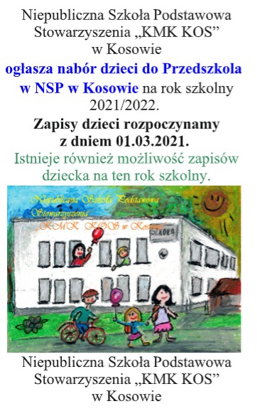 Niepubliczna Szkoła Podstawowa  Stowarzyszenia „KMK KOS” w Kosowie ogłasza nabór dzieci do Przedszkola  - Obrazek 1