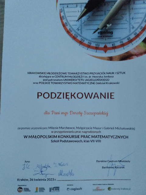 Podziękowania w formie dyplomu dla p. mgr Doroty Szczepańskiej