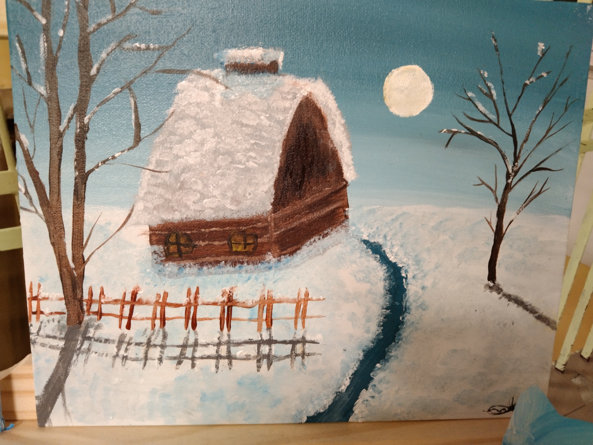 zimowy pejzaż z chatą  na pierwszym planie