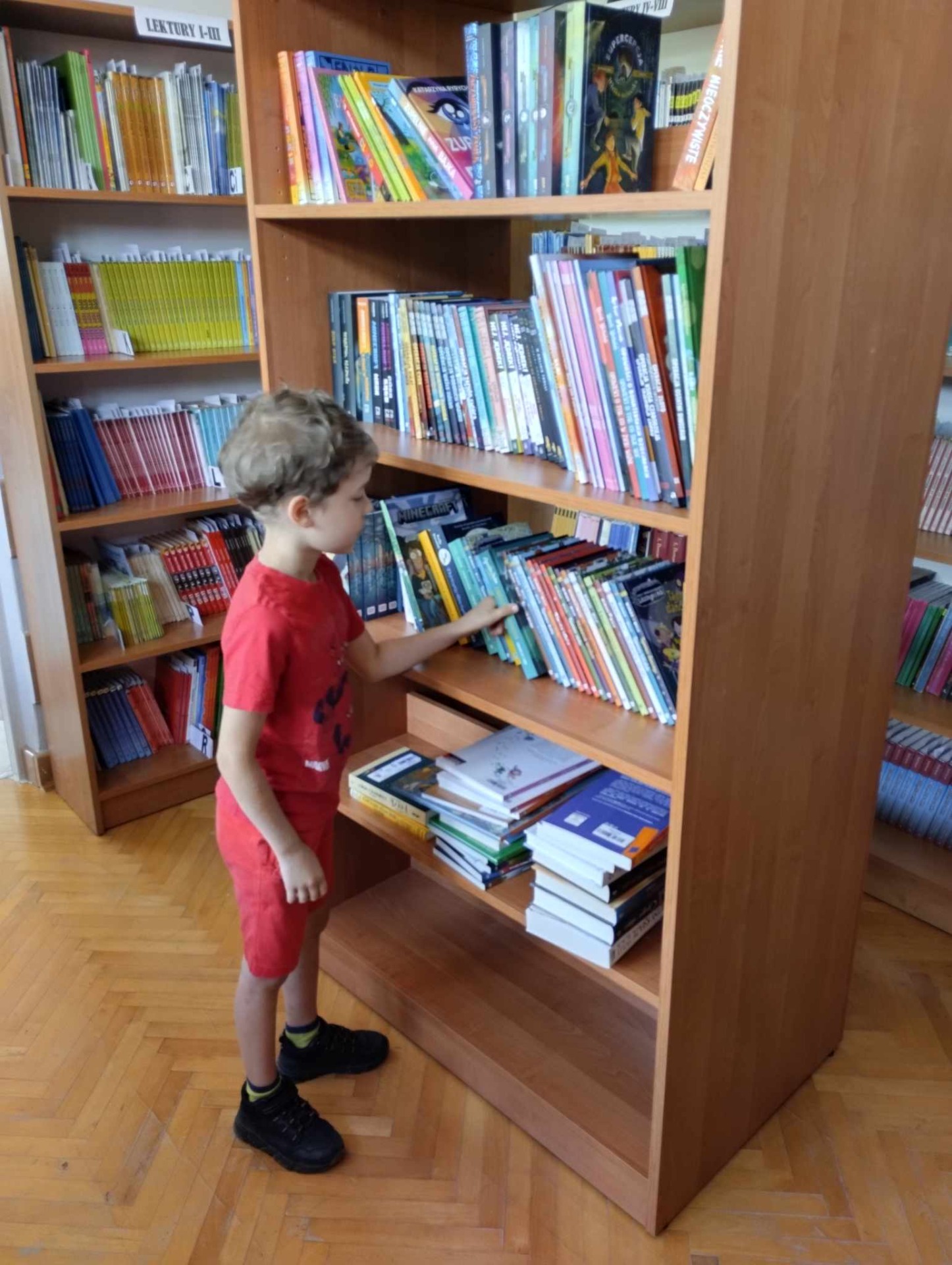 Na zdjęciu uczeń szuka wśród książek ciekawej pozycji bibliotecznej na okres wakacyjny.