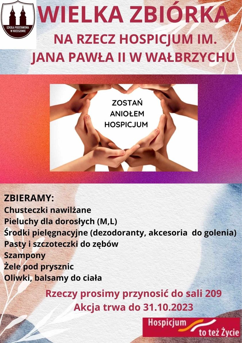 plakat z informacjami o zbiórce dla hospicjum.