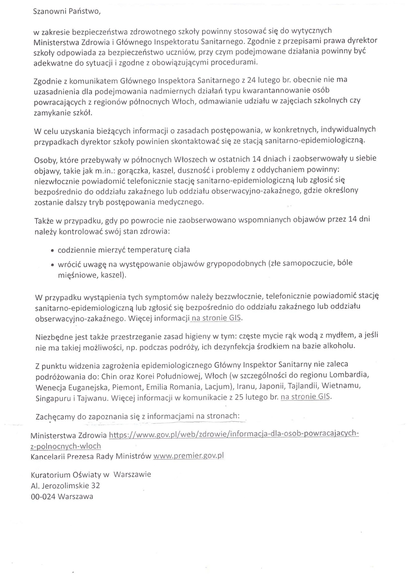 Pismo z Kuratorium Oświaty w Warszawie w sprawie koronawirusa - Obrazek 1