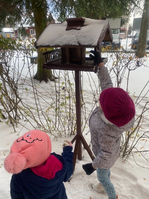 Przedszkolaki dokarmiają ptaszki zimą - Obrazek 4
